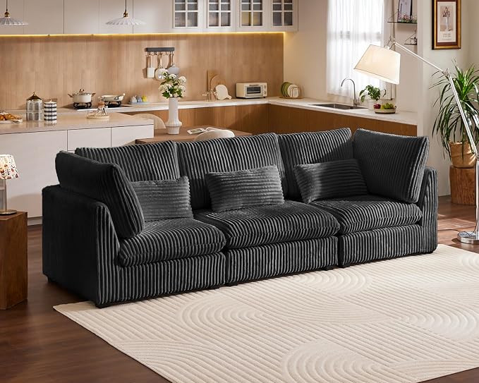 115" Oversized Corduroy Couch Modular Sectional Sofa, Washable Cloud Couch Sectional, 3 Seater Sectional Couches for Living Room, Fully Cover Removable, Basic 3 Seater, Corduroy, Black