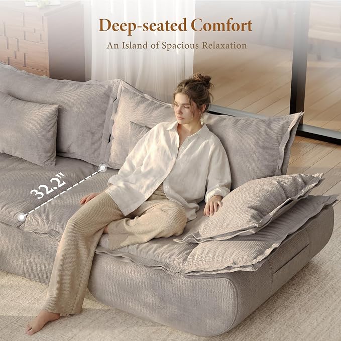 Vesgantti 86.6" Cloud Couch for Living Room, Modern 3 Seater Sailboat Sofa with Deep Seat, Comfy Chenille Upholstered Boneless Couch with Curved Armrest, No Assembly Required, Light Grey