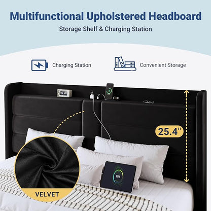 Allewie King Size Platform Bed Frame with Charging Station & Storage Headboard, Upholstered Velvet Wingback Design & USB Port, Strong Wooden Slats Support, No Box Spring Needed, Easy Assembly, Black