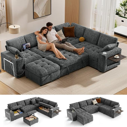 Vipbear 111" Modular Sectional Sleeper Sofa with Pull Out Bed, 7 Seat Chenille L Shaped Couch with Storage Ottoman|USB Ports|Cup Holders|Side Table|LED Light, Tool Free Assembly, Grey