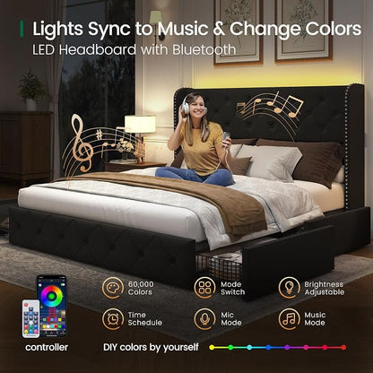 LARMACE Queen Size Bed Frame with LED Lights and 4 Storage Drawers Velvet Upholstered Platform Bed Frame with 47.2" Tall Tufted Headboard Wingback, No Box Spring Needed, Easy to Assemble, Black