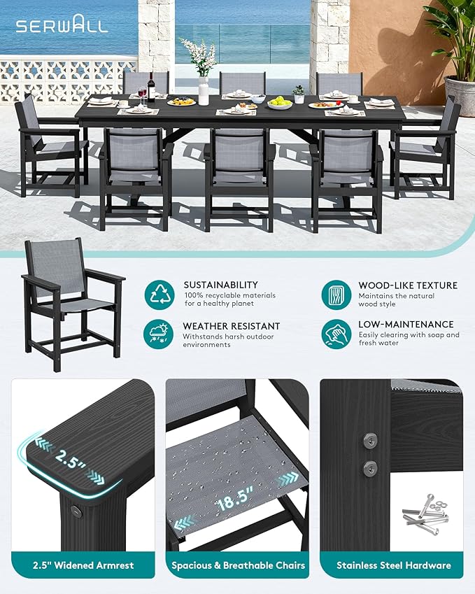 SERWALL 9 Piece 84" HDPE Outdoor Dining Set for 8 with Textilene Chairs and Umbrella Hole, Black/Gray