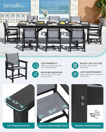 SERWALL 9 Piece 84" HDPE Outdoor Dining Set for 8 with Textilene Chairs and Umbrella Hole, Black/Gray