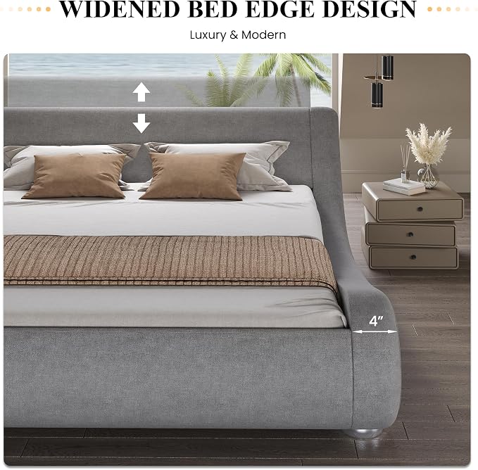 SHA CERLIN Queen Size Upholstered Bed Frame, Deluxe Low Profile Sleigh Bed with Linen Ergonomics Headboard, No Box Spring Needed & Easy Assembly, Grey