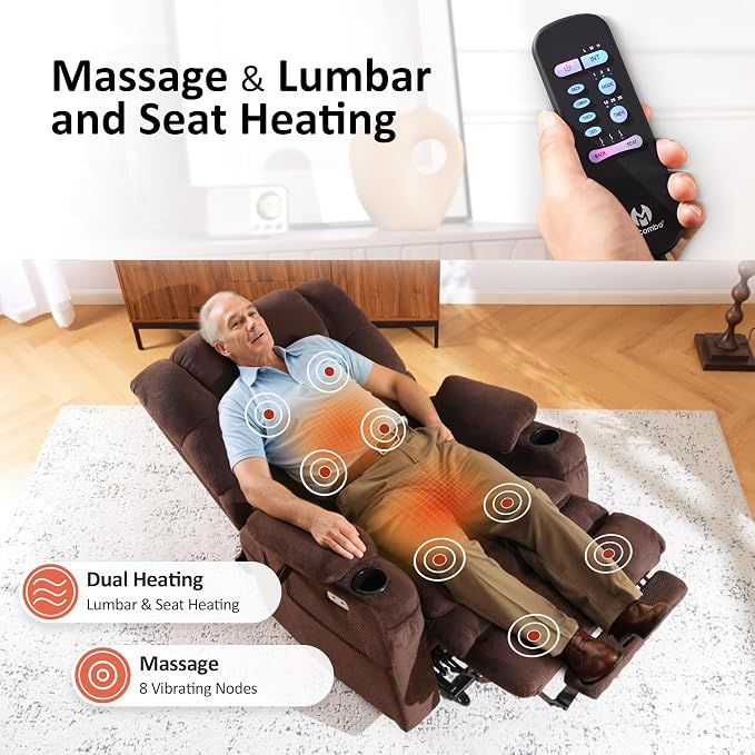 MCombo Big Man Power Lay Flat Lift Chair, Triple Motor Power Lift Recliner with Massage & Dual Heating, Adjustable Headrest, Fabric R7635 (Coffee, Large-Wide)