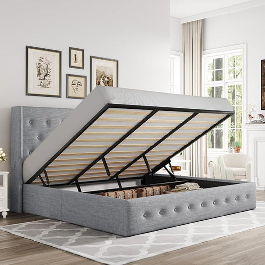 Allewie King Size Lift Up Storage Bed, Button Tufted Headboard with Wingback, Hydraulic Support, No Box Spring Needed, Light Grey