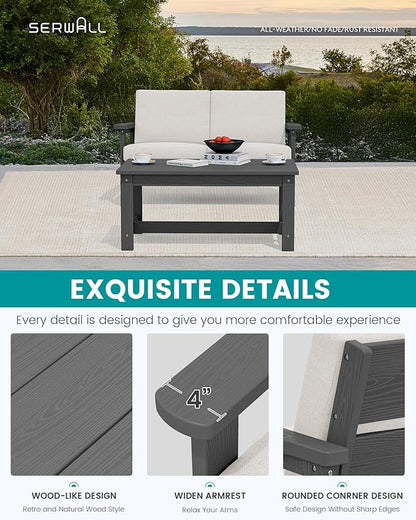 SERWALL HDPE Outdoor Patio Loveseat, All Weather Wood-Like Outdoor Sofa HDPE Outdoor Furniture, Grey Frame and Khaki Cushion