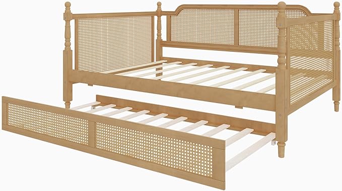 Merax Full Size Bedframe with Full Trundle and Footboard, Vintage Wooden Daybed Platform Bed with Natural Rattan Headboard, No Box Spring Needed, Noise-Free, Antique Walnut