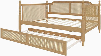 Merax Full Size Bedframe with Full Trundle and Footboard, Vintage Wooden Daybed Platform Bed with Natural Rattan Headboard, No Box Spring Needed, Noise-Free, Antique Walnut