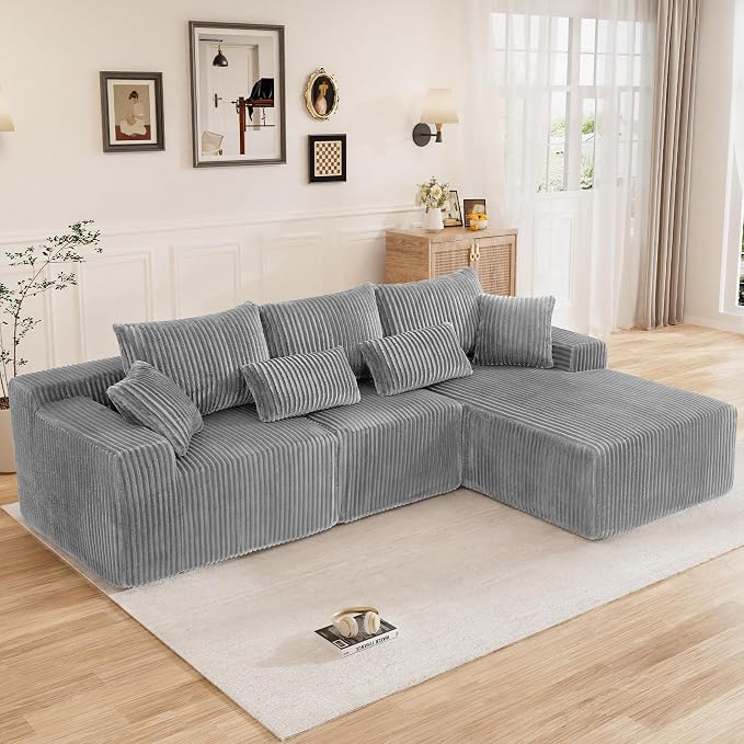 110" L Shaped Cloud Boneless Sectional Couches for Living Room, Modern Comfy Modular Deep Seat Memory Foam Compressed Corduroy Sofa Oversized Right Facing Chaise, No Assembly Required, Grey