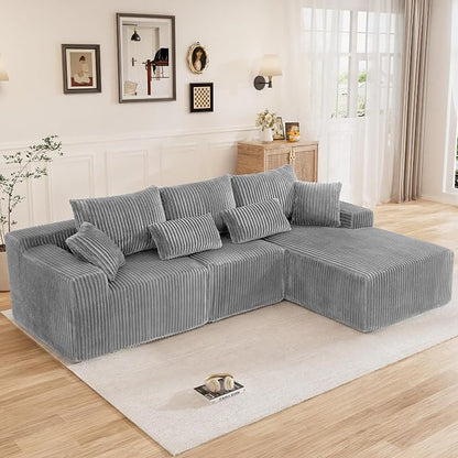 110" L Shaped Cloud Boneless Sectional Couches for Living Room, Modern Comfy Modular Deep Seat Memory Foam Compressed Corduroy Sofa Oversized Right Facing Chaise, No Assembly Required, Grey