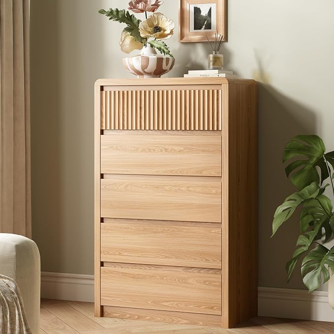 LYNSOM 5 Drawer Dresser for Bedroom, 48" Tall Fluted Dresser with Curved Corners, Wood Dressers & Chests of Drawers with Dual-Panel Design for Bedroom, Entryway, Oak