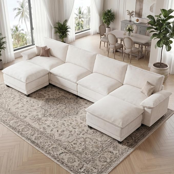 Modern U Shaped Sofa Couches for Living Room, Modular Sectional Cloud Couch with Movable Ottoman, Comfy Chenille Sofa for Apartment and Small Space, Beige