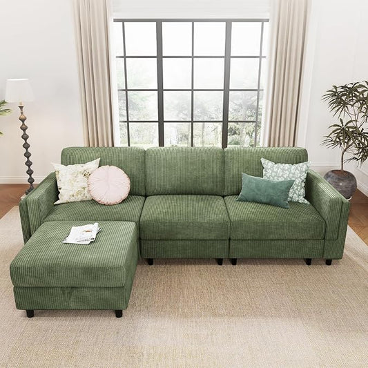 KKL Modular Sectional Sofa Bed with Storage Ottoman, Convertible L/U-Shaped Sleeper Couch for Living Room, Modern Reversible Design (Green, 4 Seat L Shape)