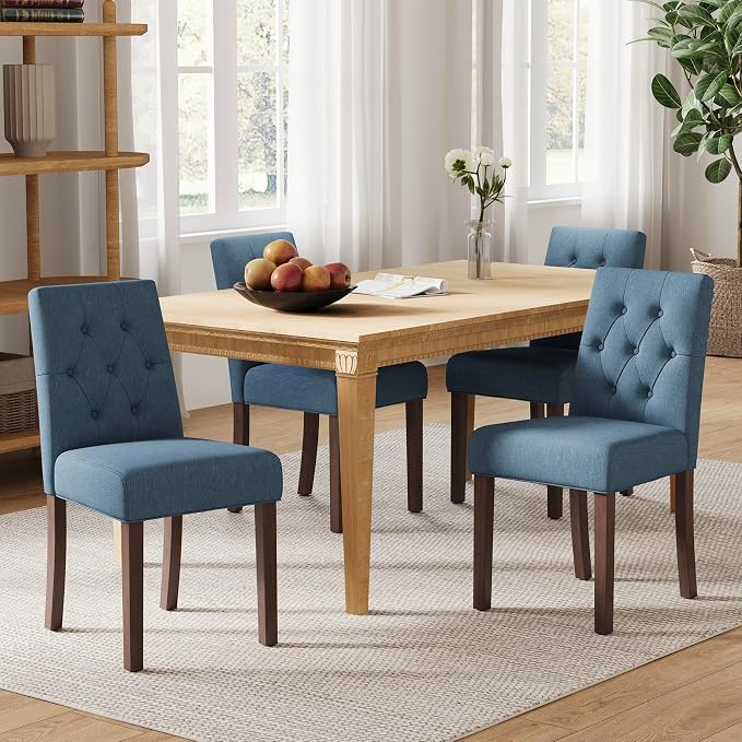 Upholstered Dining Chairs Set of 4, Modern Fabric Dining Chairs with Tufted Design, Kitchen Side Chairs, Farmhouse Dinner Chair with Wood Legs for Kitchen Restaurant Living Room, Blue