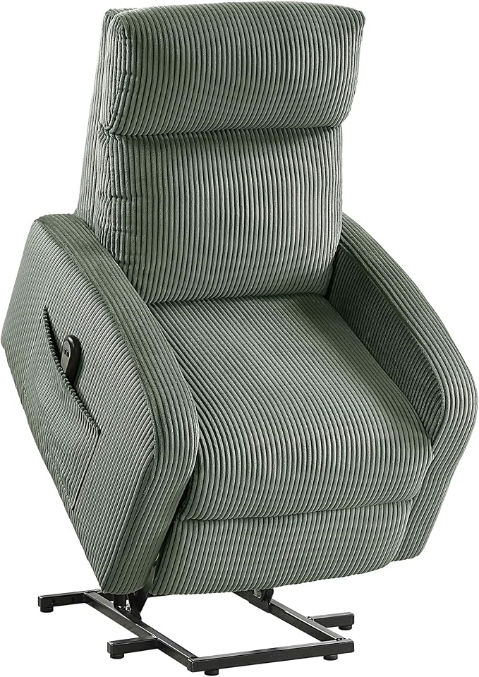 Lexicon Power Lift Recliner Chair for Elderly with Remote Control, Gentle Lift Motion, Side Pocket Armrest, Corduroy Upholstered Electric Recliner for Living Room/Bedroom, Easy Assembly, Green