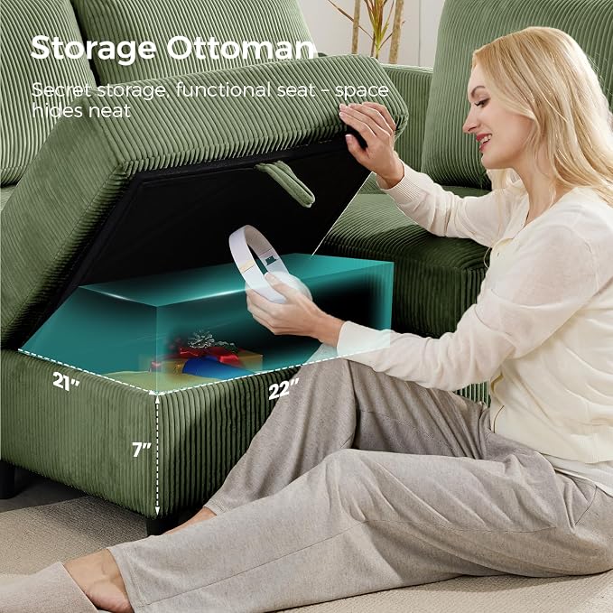 KKL 3 Seat 83‘’ Sofa Couch for Living Room - Modular Sectional Small Couch with Storage Ottoman, Convertible L Shaped for Living Room, Modern Reversible Design (Green, 3 Seat Sofa)