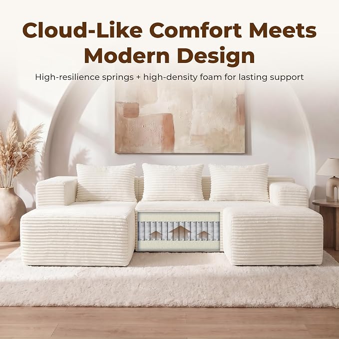 Modular Sectional U-Shaped Sofa with Deep Seat, Modern Boneless Comfy Corduroy Fluffy Couch with Side Pockets and Anti-Slip & Floor-Friendly Bottom for Living Room, No Assembly, White
