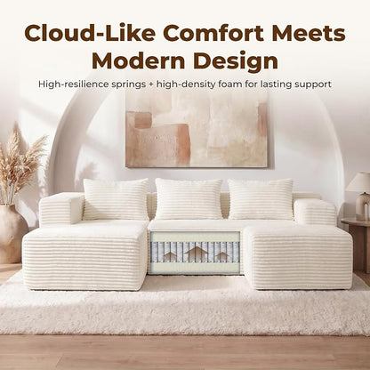 Modular Sectional U-Shaped Sofa with Deep Seat, Modern Boneless Comfy Corduroy Fluffy Couch with Side Pockets and Anti-Slip & Floor-Friendly Bottom for Living Room, No Assembly, White