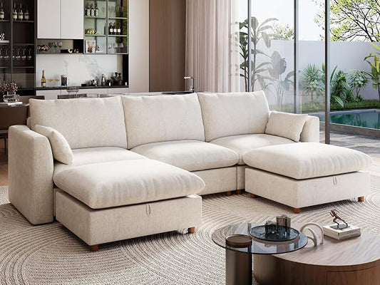 Ihanherry 117" Oversized Modular Sectional Sofa, Modern U Shaped Cloud Couch with 2 Storage Ottoman, 5-Seat Comfy Chenille Deep Seat Sofa with 2 Pillows for Living Room, Beige
