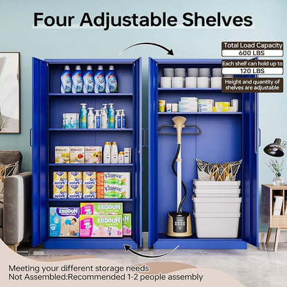 Metal Storage Cabinet with Lock, 71" Black Garage Cabinets with 2 Doors and 4 Adjustable Shelves, Steel Locking Caninet Tall Tool Storage Cabnet, Lockable File Caninets for Home Office, Pantry