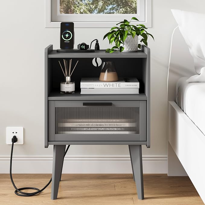 MMEOLUOOK Nightstand with Charging Station, Bedside Tables Grey End Table Side Table with 2 Tiers Storage Space, for Bedroom Living Room CAMLBZ07ZE