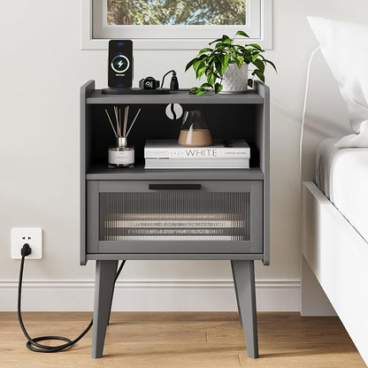 MMEOLUOOK Nightstand with Charging Station, Bedside Tables Grey End Table Side Table with 2 Tiers Storage Space, for Bedroom Living Room CAMLBZ07ZE