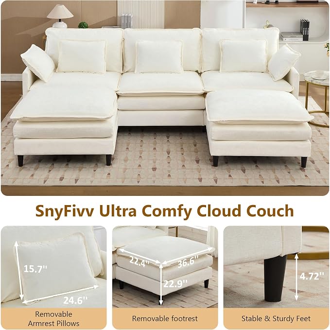 113" Chenille Modular Sectional Sofa, Convertible L Shaped Modular Sofa Comfy Cloud Couch with Ottoman, Side Pockets and 5 Throw Pillows for Living Room (White, 113" - 5 Seats)