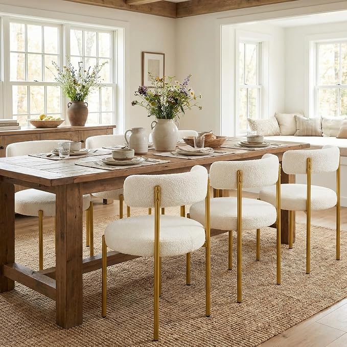 Boucle Dining Chairs Set of 6, White Dining Chairs with Upholstered Seat and Gold Legs, Mid-Century Modern Kitchen Chairs for Dining Room, Restaurant