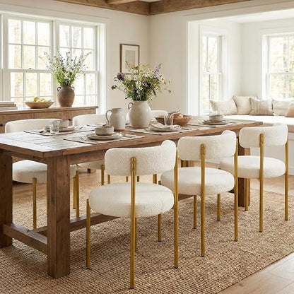 Boucle Dining Chairs Set of 6, White Dining Chairs with Upholstered Seat and Gold Legs, Mid-Century Modern Kitchen Chairs for Dining Room, Restaurant