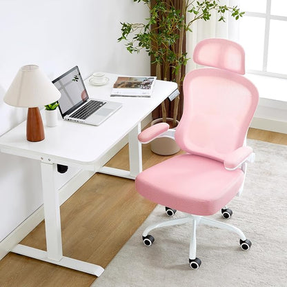 Ergonomic Office Chair,Ultra Thick Spring Cushion Desk Chair,Pink | Adjustable Lumbar Support and Headrest,Flip-up Arms,Rocking Function,Mesh Home Office Computer Chair