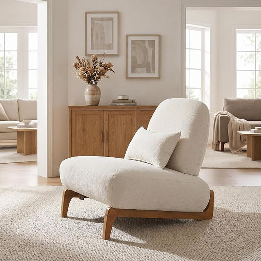 Merax Linen Accent Chair with Curved Wood Base and Lumbar Pillow, Off-White + Natural