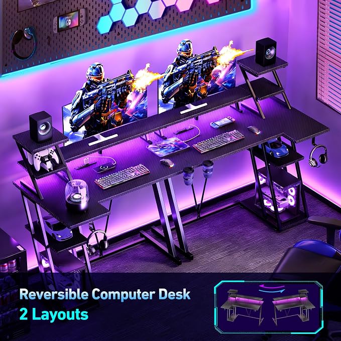 Korfile 40 Inch Gaming Desk with LED Lights & Power Outlet, L Shaped Computer Gaming Table with Storage Shelves, Reversible Corner Desk with Monitor Stand for Home Office, Carbon Fiber Black