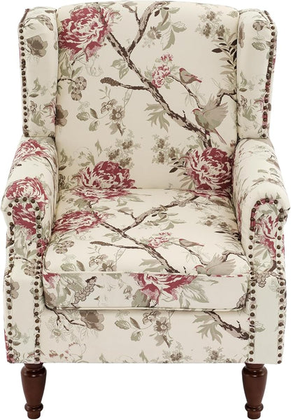Pia Ricco High Back Floral Accent Chair - Retro Wingback Upholstered Armchair with Nailhead Trim, Solid Wood Legs, Fabric Living Room Bedroom Reading Chair (Flower Beige)