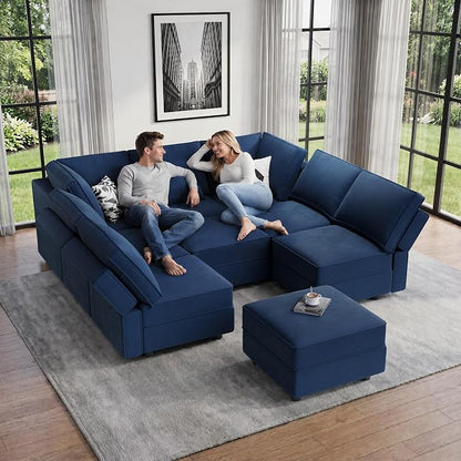 Vesgantti Modular Sofa Bed with Storage, 92" Sleeper Sofas with 9 Seats Storage Chaises Removable Cover, Luxury Large Velvet Sectional Couch Set for Living Room, Apartment, Home Theater, Blue