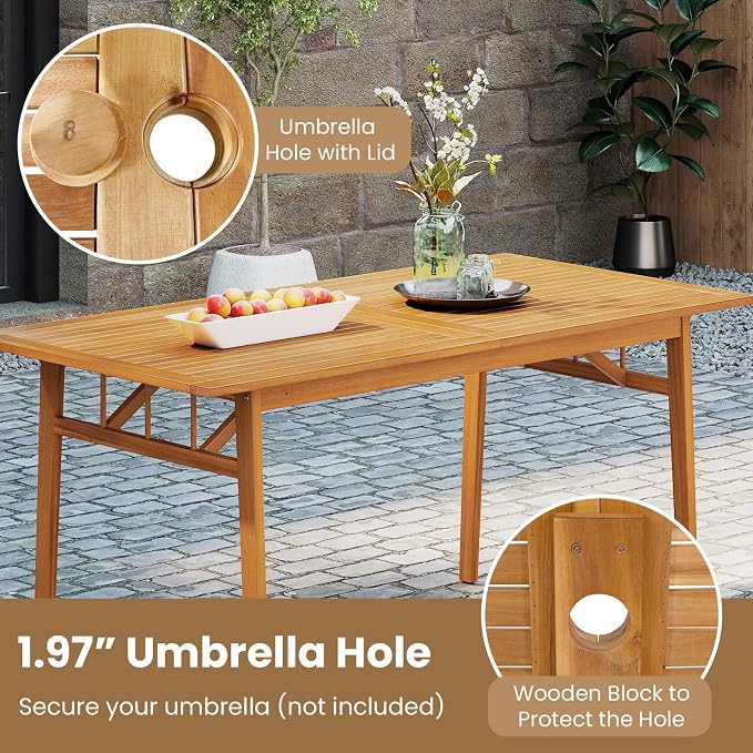 Tangkula 3 Pieces Patio Dining Set, Acacia Wood Space Saving Outdoor Rectangular Picnic Table with 1.97” Umbrella Hole and 2 Benches, for Yard, Garden and Poolside