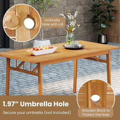 Tangkula 7 Pieces Patio Acacia Wood Dining Set, Outdoor Heavy Duty Rectangular Table with 1.97” Umbrella Hole and 6 Cushioned Chairs, for Deck, Garden and Backyard