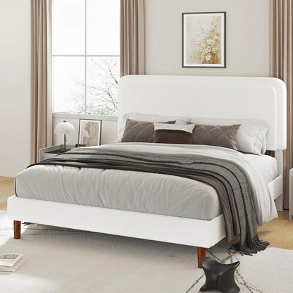 King Size Boucle Upholstered Bed Frame with Adjustable Headboard, Cloud Platform Bed, Solid Wooden Legs, No Box Spring Needed, Easy Assembly, White