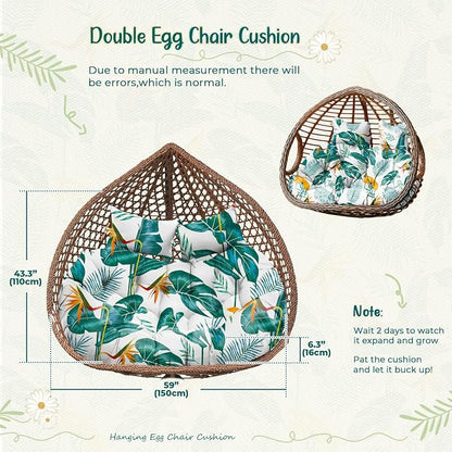Double Egg Chair Cushion Replacement Waterproof for Outdoor Patio Hanging Basket Egg Chairs, 59x43-Inch Thickened 100% Cotton Large Double Eggs Swing Chair Cushions, Yellow-Green Leaf