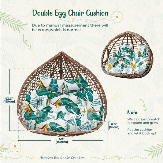 Double Egg Chair Cushion Replacement Waterproof for Outdoor Patio Hanging Basket Egg Chairs, 59x43-Inch Thickened 100% Cotton Large Double Eggs Swing Chair Cushions, Yellow-Green Leaf