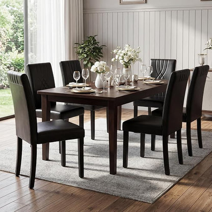LSSBOUGHT Modern Dining Chair Set of 2,Urban Style Leather Kicthen Chairs with Solid Wood Legs for Dining Room and Restaurant (Black-Quilted backrest)