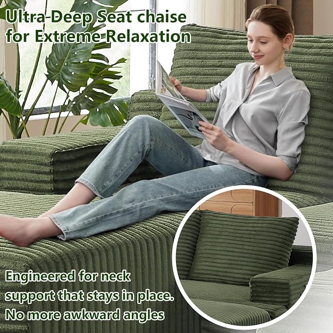 96" Modular Sectional Sofa, Modern Corduroy Cloud Couch, Boneless Couch Upholstered 3-Seater L-Shaped Sofa for Living Room, No Assembly Required (Green, Left-Facing Chaise)