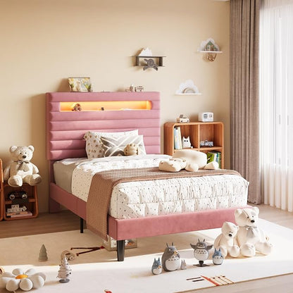 SHA CERLIN Twin Bed Frame with LED Light & 2-Tier Storage Shelf, Velvet Upholstered Adjustable Headboard with Charing Station, Horizontal Channel Tufted, No Box Spring Needed, Easy Assembly, Pink