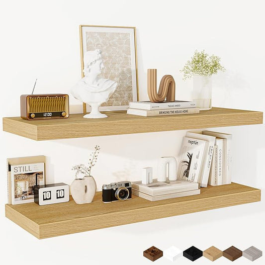 Fun Memories Floating Shelves - 2 Pack 12 Inch Deep Rustic Wooden Wall Shelves - Extra Deeper & Thicker Wall Mounted Storage Shelf for Living Room, Kitchen, Farmhouse - 36" W x 12" D x 1.5" H - Oak
