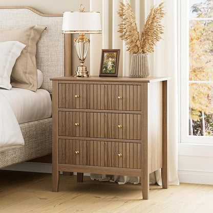 Night Stand, Fluted 3 Drawer Wide Farmhouse Nightstand with Gold Handle, Modern Wooden Bedside End Table for Bedroom, Living Room, Natural