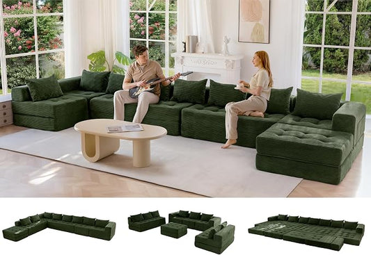 MAXYOYO Modular Sectional Sofa Couch, Foldable Oversized U Shaped Cloud Couch with Pillows, Tufted Boneless Lounger Floor Sofa Bed for Living Room, No Assembly Required, Dark Green