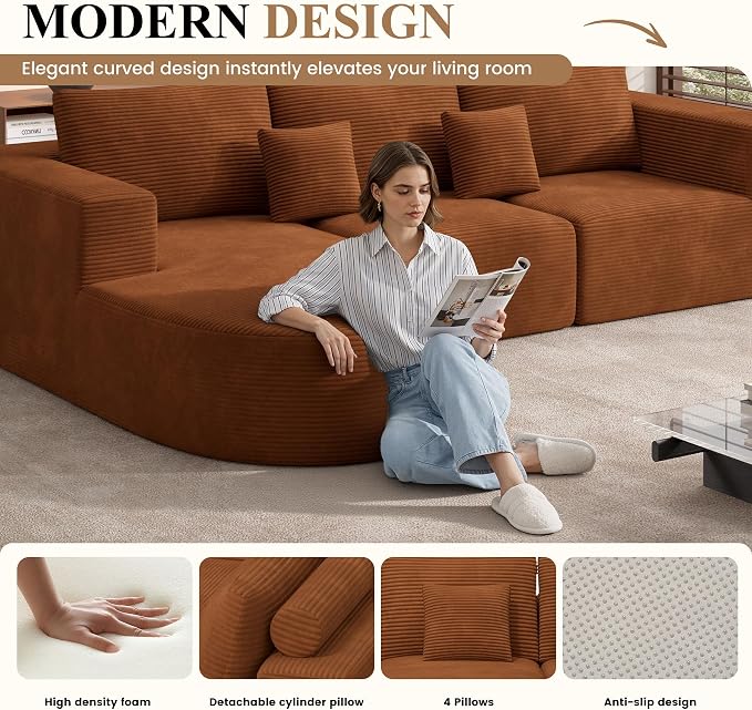 Modular Sectional Sofa Bed,Convertible Cloud Couches for Living Room,2 Chaise Corduroy Boneless Couch Sleeper Sofa Set,Oversized Chaise Lounge Chair for Bedroom,No Assembly Required,Brown 1PCS