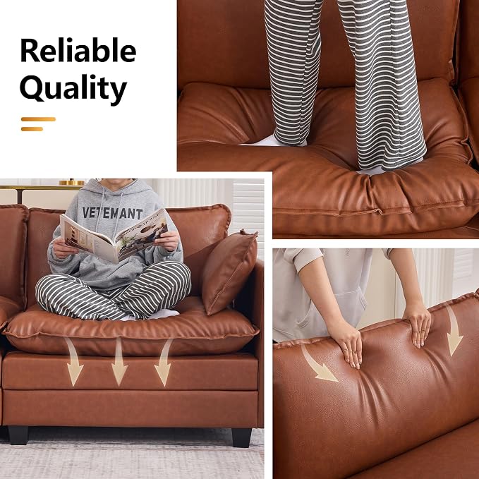 137'' V Shaped Cloud Sectional Sofa, Oversized Deep Seat Leather Couches for Living Room, Comfy Upholstered Modular Sectional Sofa Couch, Leather Brown