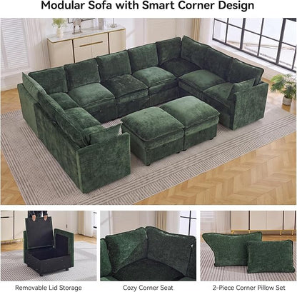 130" Green Oversized Modular Storage Sofa, U Shaped Chenille Cloud Couch | Oversized Convertible Sectional Sofa, 9-Seat Sectional Couch With 2 Ottomans, Large Cloud Couch For Living Room, Apartment.