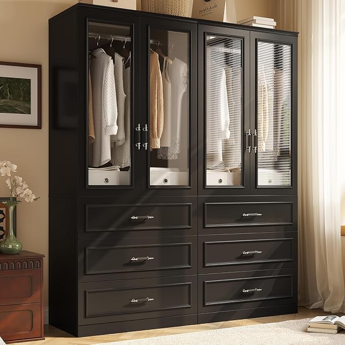 MEISSALIVVE Armoire Wardrobe Closet with 2 Door & 3 Drawers, 74.8" Large Wardrobe Cabinet with Hanging Rod, Freestanding Modern Bedroom Armoire Storage Cabinet, Black